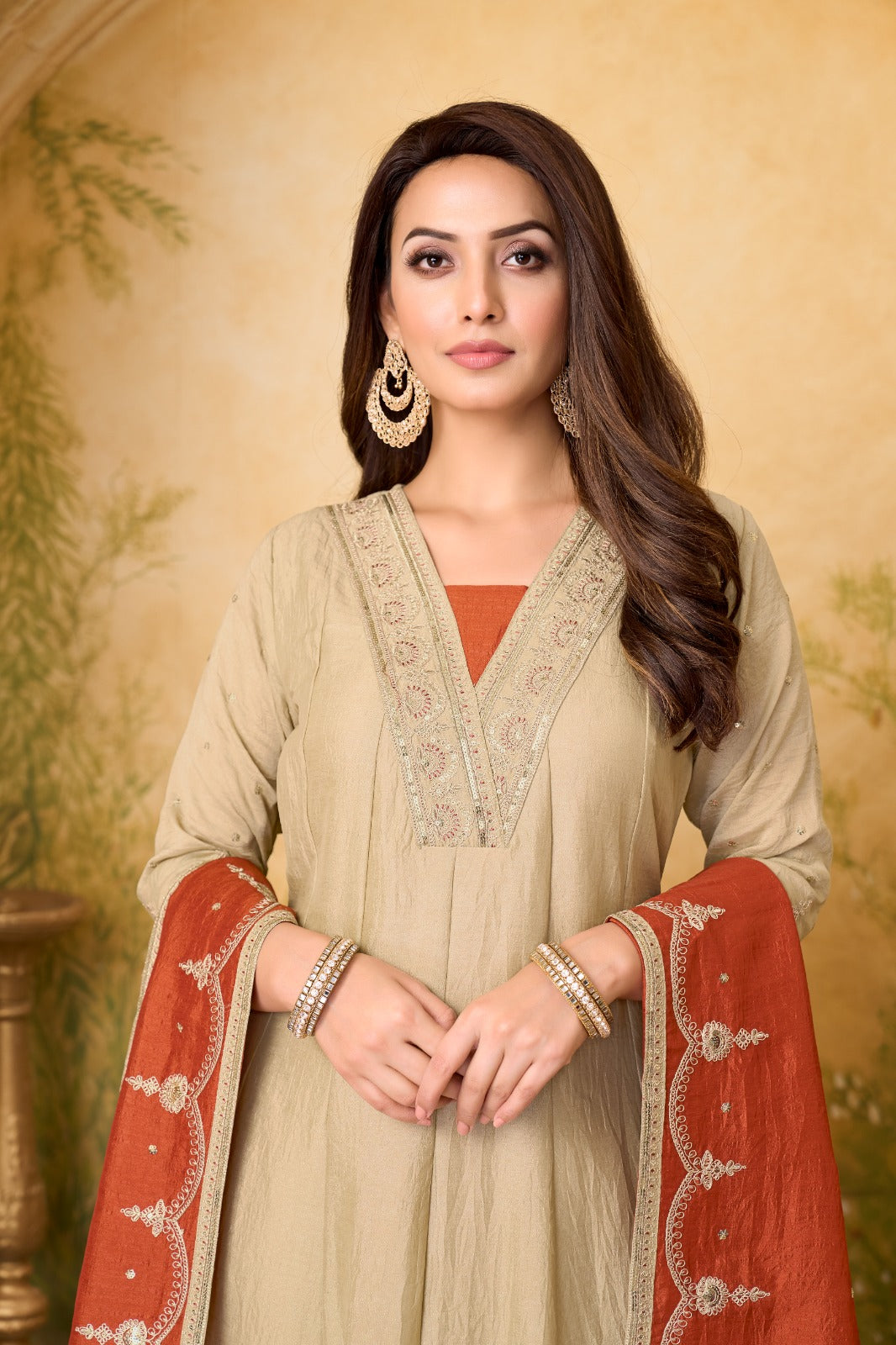 Anaita Cream Rust Anarkali Readymade Suit with Embroidery Work | Grocsy