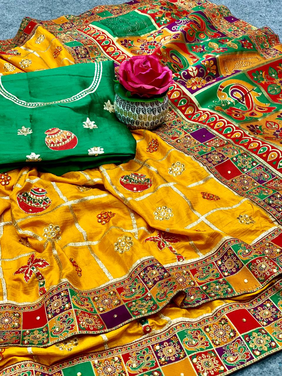 Lorenvalley Fashion Premium Yellow Dola Silk Embroidery and Diamond work with Jacquard Lace Border Saree | Grocsy