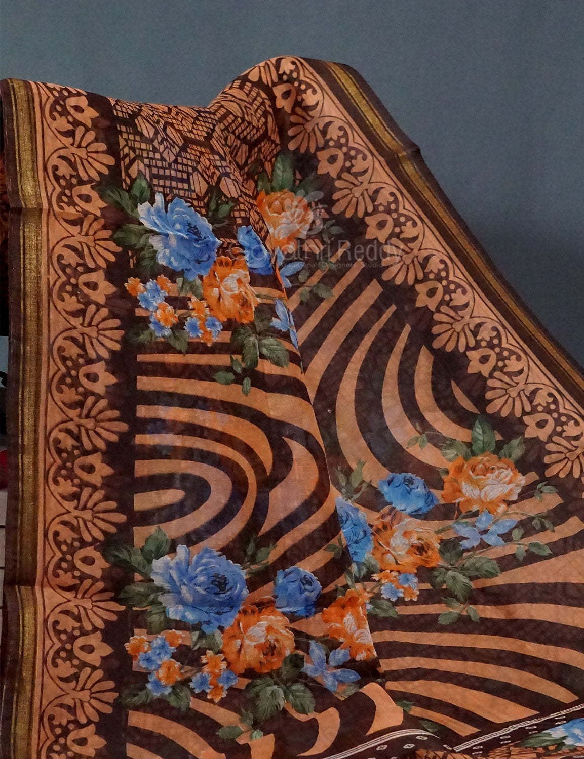 Shades of Dark Dry Mehendi Colour Floral Design Semi Chanderi Saree By Gayathri Reddy Designer Studio | Grocsy