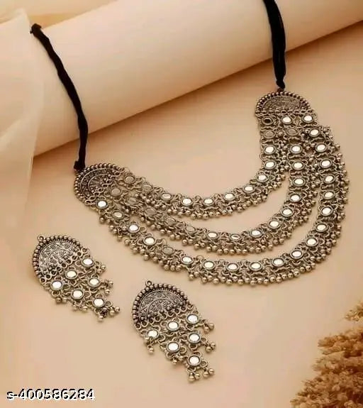 Tehzeeb Creations Women's Silver Colour Antique Necklace And Earrings With Mirror Work - Swadesiicart