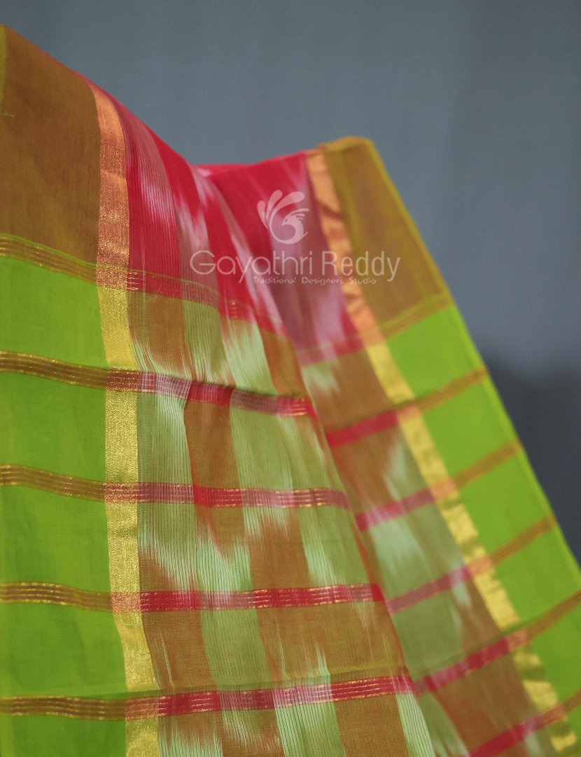 Dual Shades of Peach Pink Mangalagiri Ikkat Cotton Saree By Gayathri Reddy Designer Studio | Grocsy
