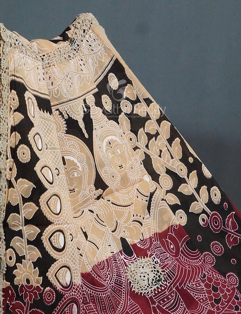 Black And Beige Combo Colour Pichwai Print Crocia Mulmul Cotton Saree By Gayathri Reddy Designer Studio | Grocsy