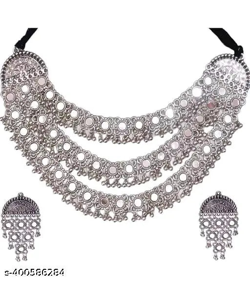 Tehzeeb Creations Women's Silver Colour Antique Necklace And Earrings With Mirror Work - Swadesiicart