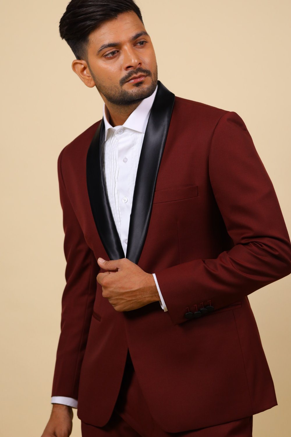 Burgundy Designer Tuxedo With Black Satin Lapels by Hilo Design | Grocsy