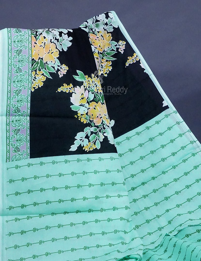 Black Colour Block Print Pure Mulmul Cotton Saree By Gayathri Reddy Designer Studio | Grocsy
