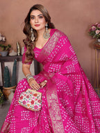 Anaita Pink Handmade Bandhej Viscose Silk Saree With Blouse | Grocsy
