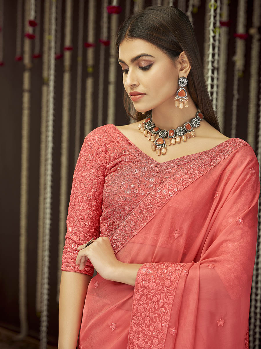 Myra Peach Organza Heavy Embroidered Saree | Grocsy