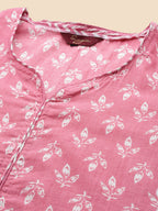 Sangria Pink Ethnic Motifs Printed V-Neck Pure Cotton Straight Kurta With Trouser | Grocsy
