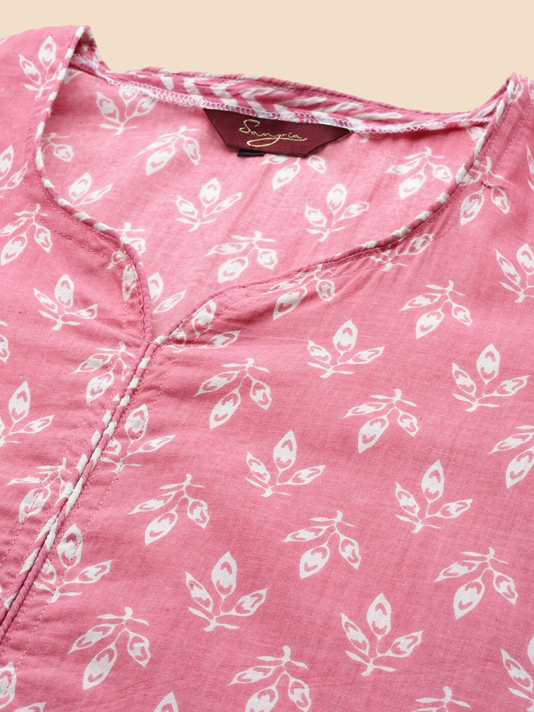 Sangria Pink Ethnic Motifs Printed V-Neck Pure Cotton Straight Kurta With Trouser | Grocsy