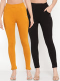 TAG 7 Women Black & Mustard Yellow Pack of 2 Straight Fit Ankle-Length Leggings | Grocsy