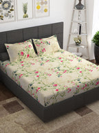 Story@home Ventura Cream & Green Floral 152 TC Cotton Queen Bedsheet with 2 Pillow Covers | Grocsy