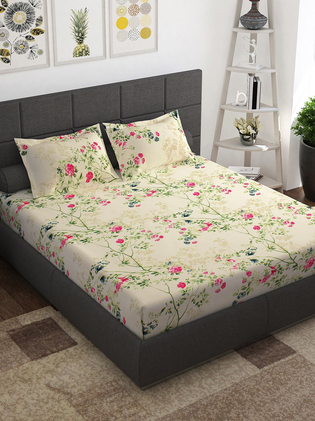 Story@home Ventura Cream & Green Floral 152 TC Cotton Queen Bedsheet with 2 Pillow Covers | Grocsy