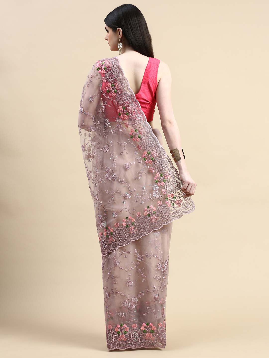 kasee Floral Embroidered Zari Net Saree | Grocsy