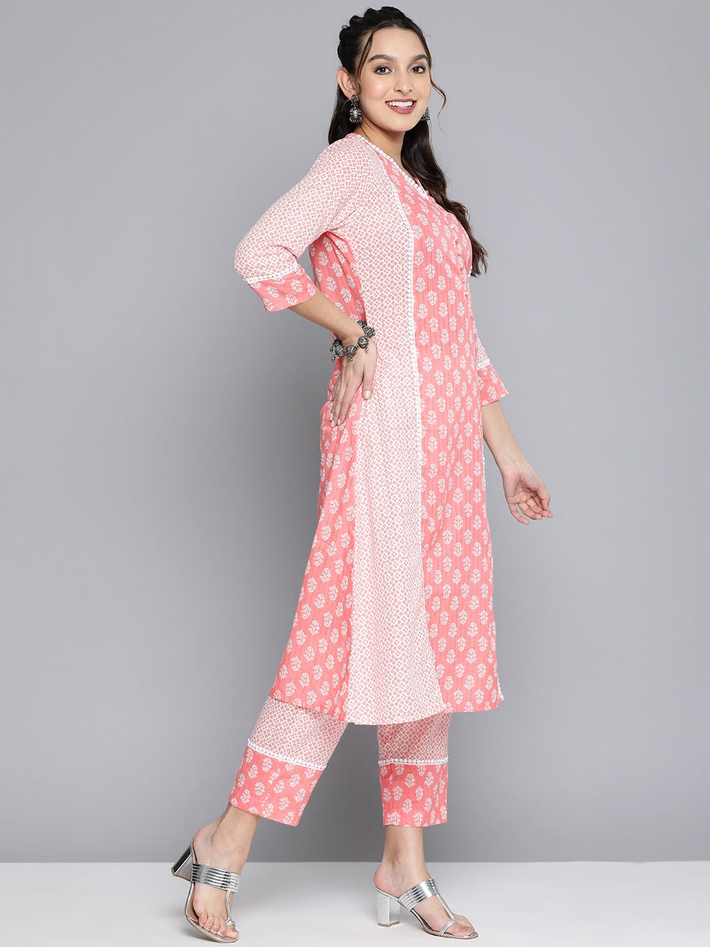 HERE&NOW Women Pink Floral Printed Pure Cotton Kurta with Palazzos & With Dupatta | Grocsy