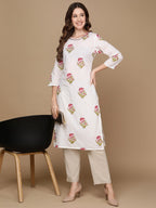HERE&NOW White & Pink Floral Printed Pure Cotton Kurta | Grocsy