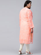 ADA Ada Women Plus Size Peach-Coloured & White Ethnic Motifs Chikankari Georgette Handloom Kurta | Grocsy