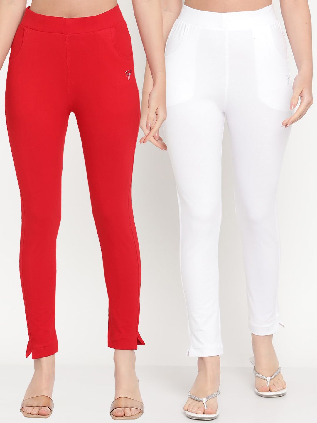 TAG 7 Women Set of 2 Red & White Ankle Length Leggings | Grocsy
