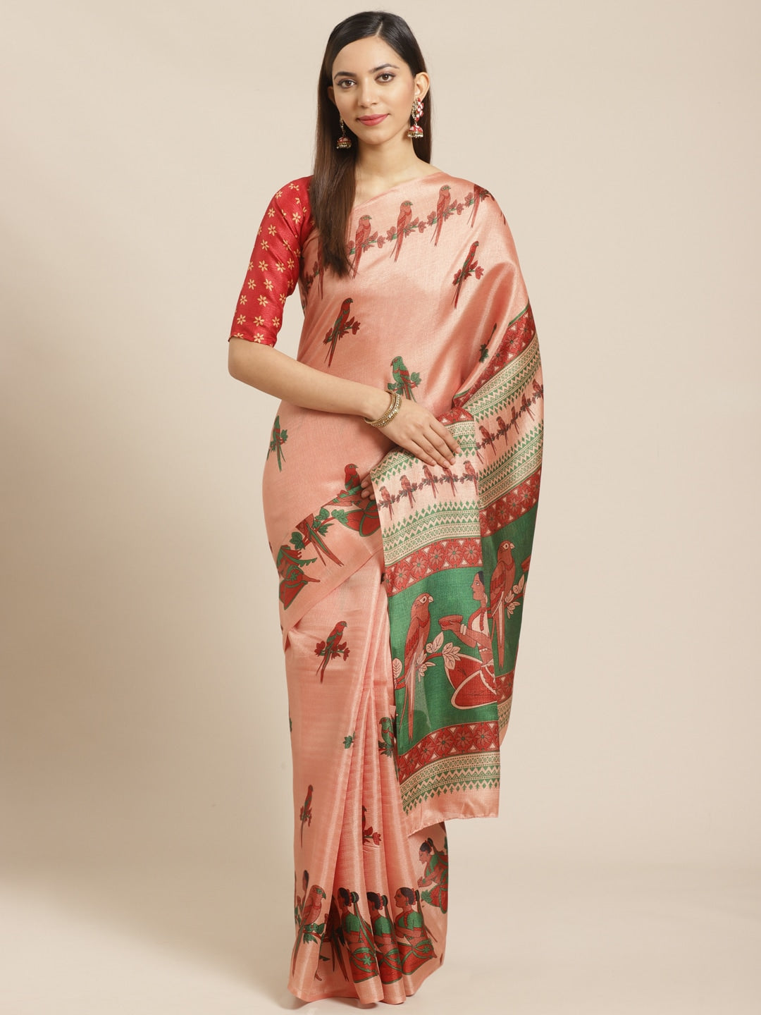 Saree Mall Peach-Coloured & Red Printed Saree | Grocsy