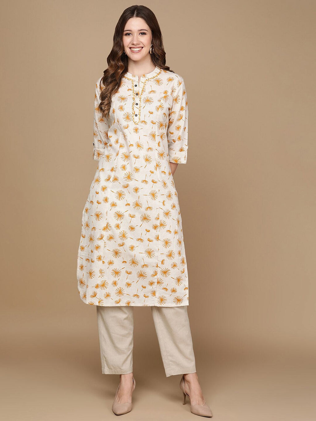 HERE&NOW Off White & Mustard Yellow Floral Printed Thread Work Sequinned Cotton Kurta | Grocsy