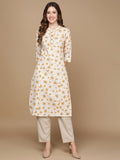 HERE&NOW Off White & Mustard Yellow Floral Printed Thread Work Sequinned Cotton Kurta | Grocsy