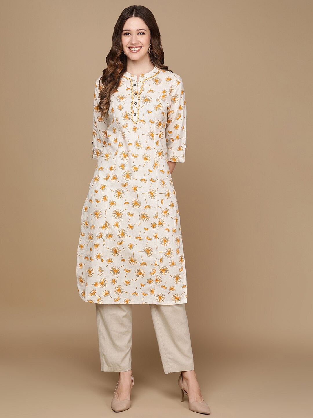 HERE&NOW Off White & Mustard Yellow Floral Printed Thread Work Sequinned Cotton Kurta | Grocsy