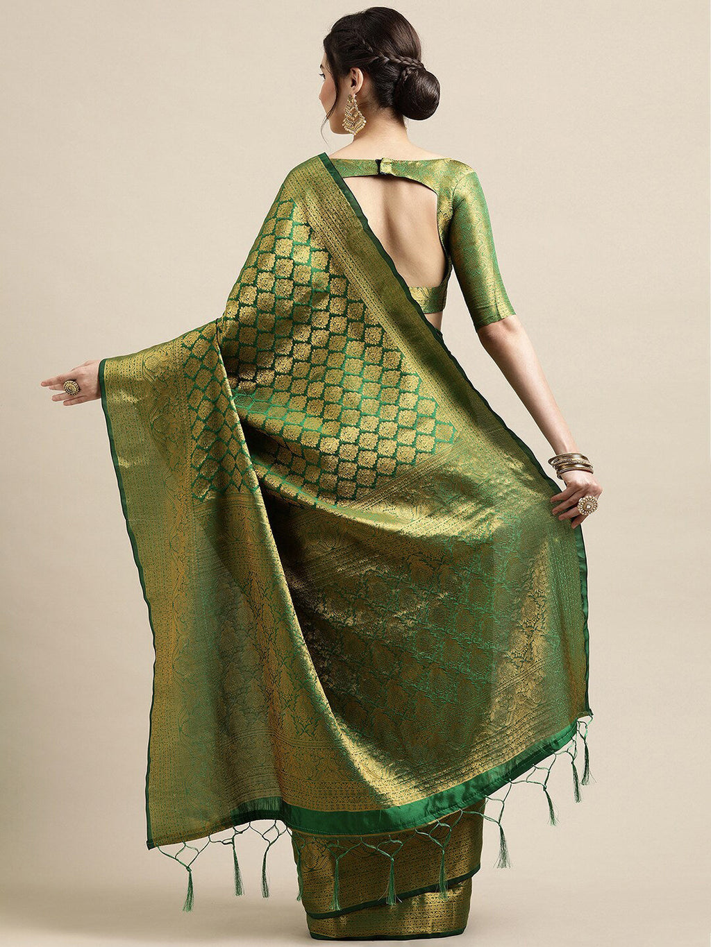 Saree Mall Green & Gold-Toned Woven Design Zari Silk Blend Banarasi Saree | Grocsy