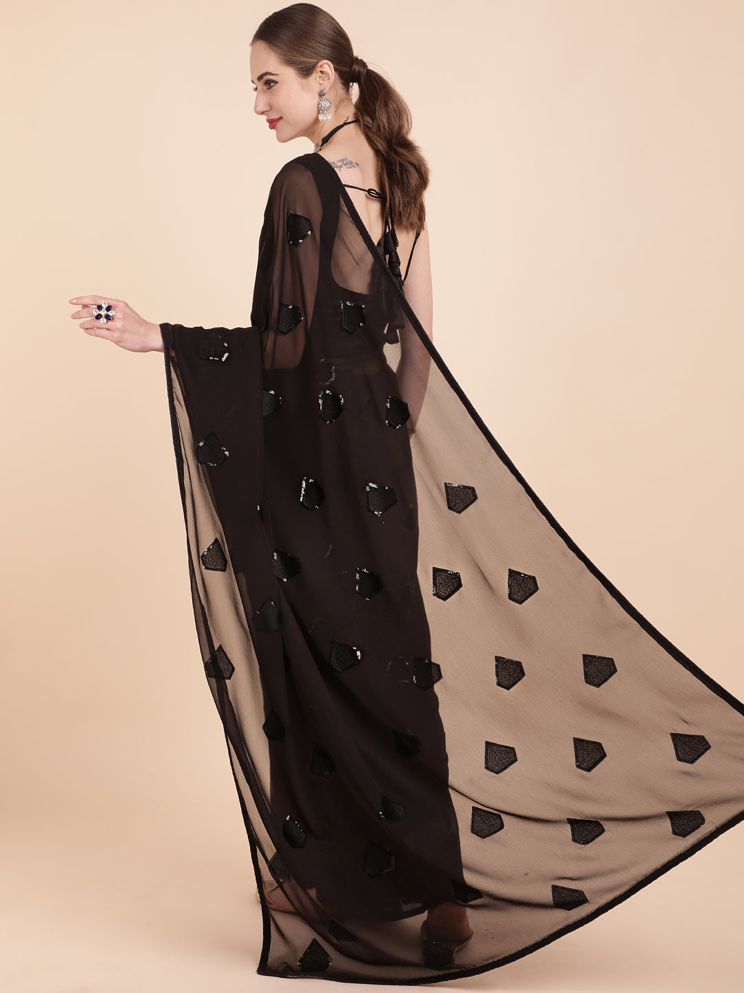 Sangria Black Embellished Sequinned Pure Georgette Saree | Grocsy
