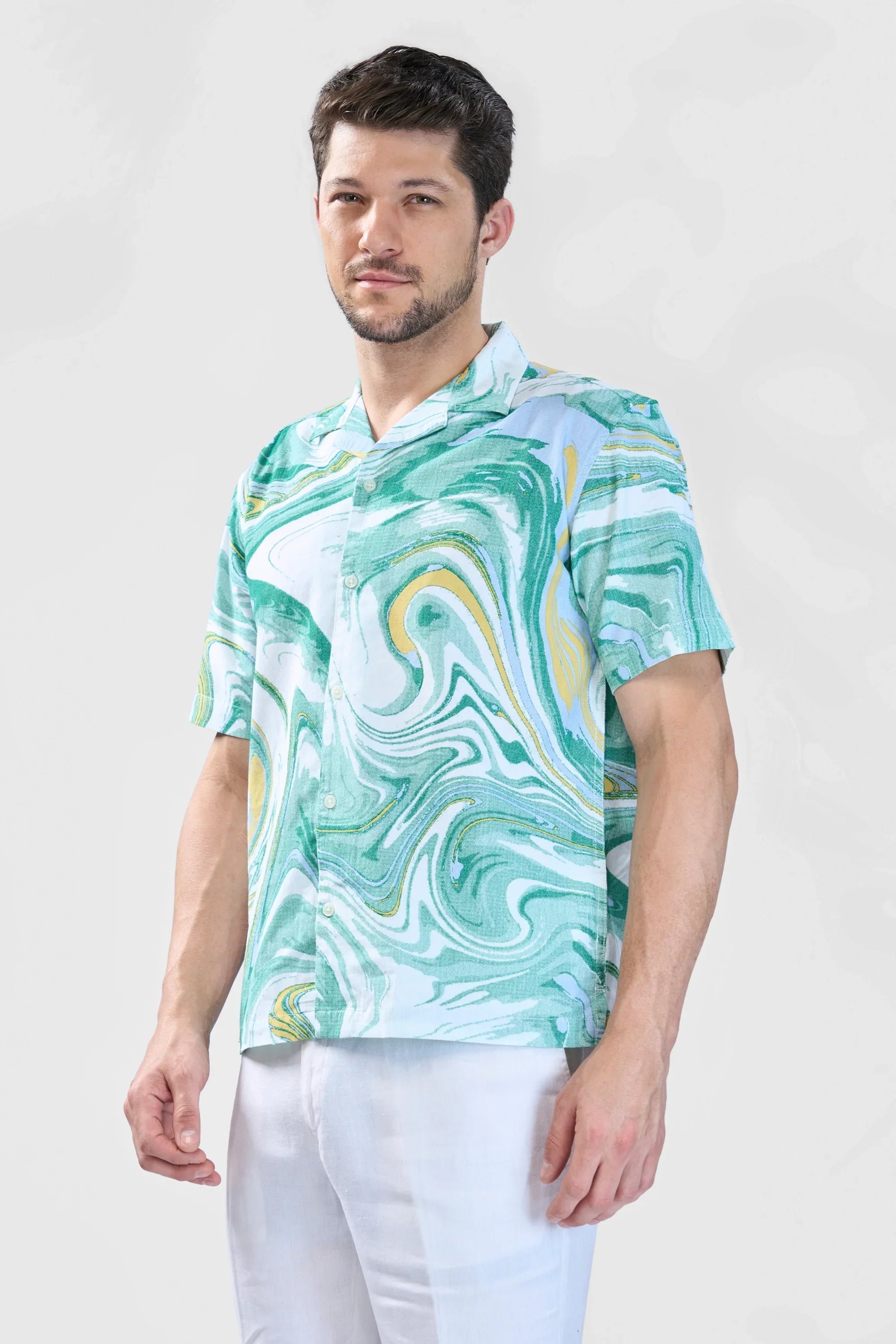 Xkind Green Fine Cord Drop Shoulder Printed Relaxed Fit Shirt | Grocsy