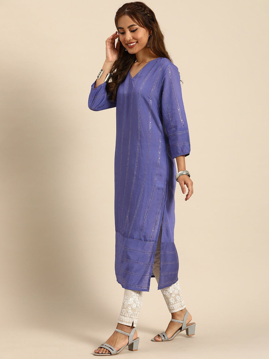 Sangria Women Jacquard Sequinned Chanderi Silk Kurta | Grocsy
