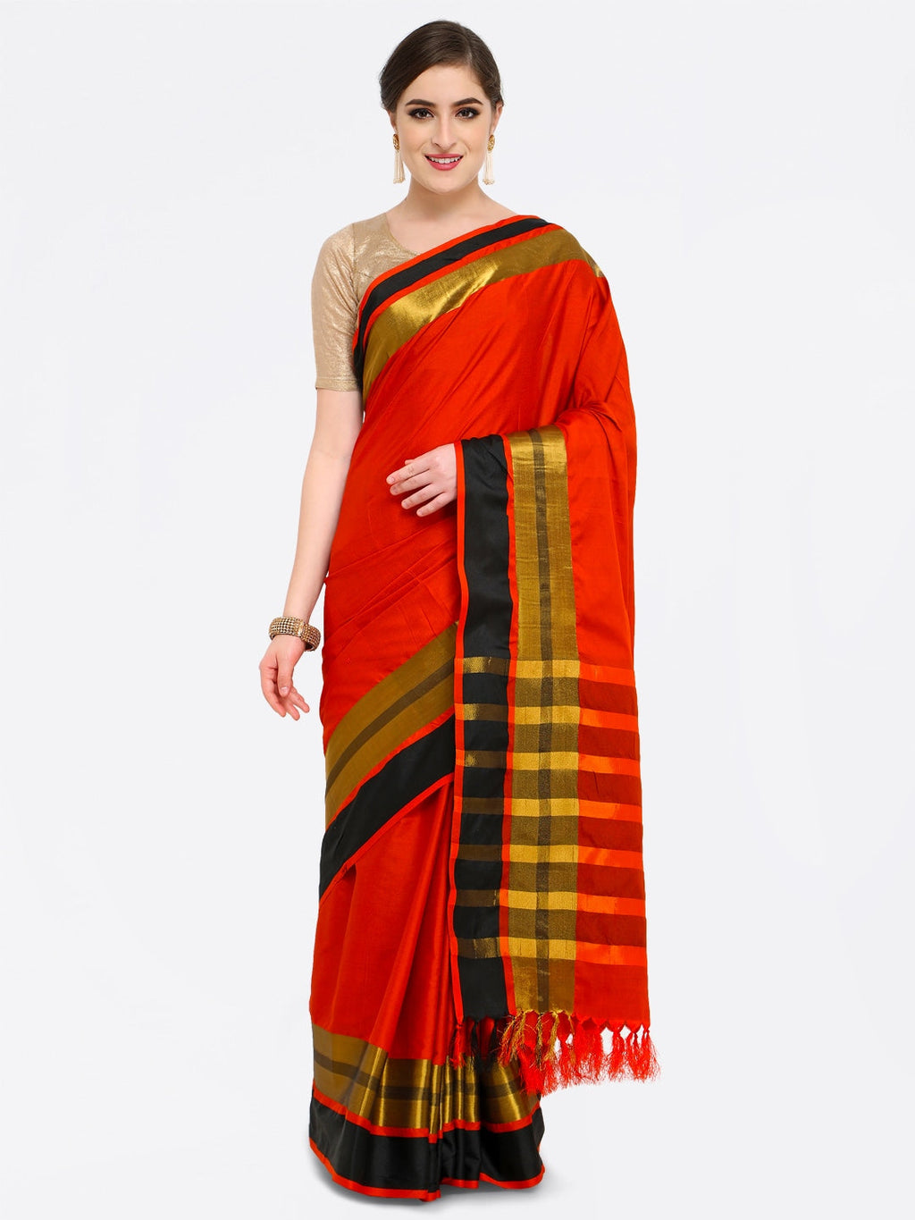 Saree Mall Red & Gold-Toned Silk Cotton Colourblocked Kanjeevaram Saree | Grocsy
