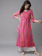 HERE&NOW Women Stripes & Tie-Up A-Line Viscose Kurta | Grocsy