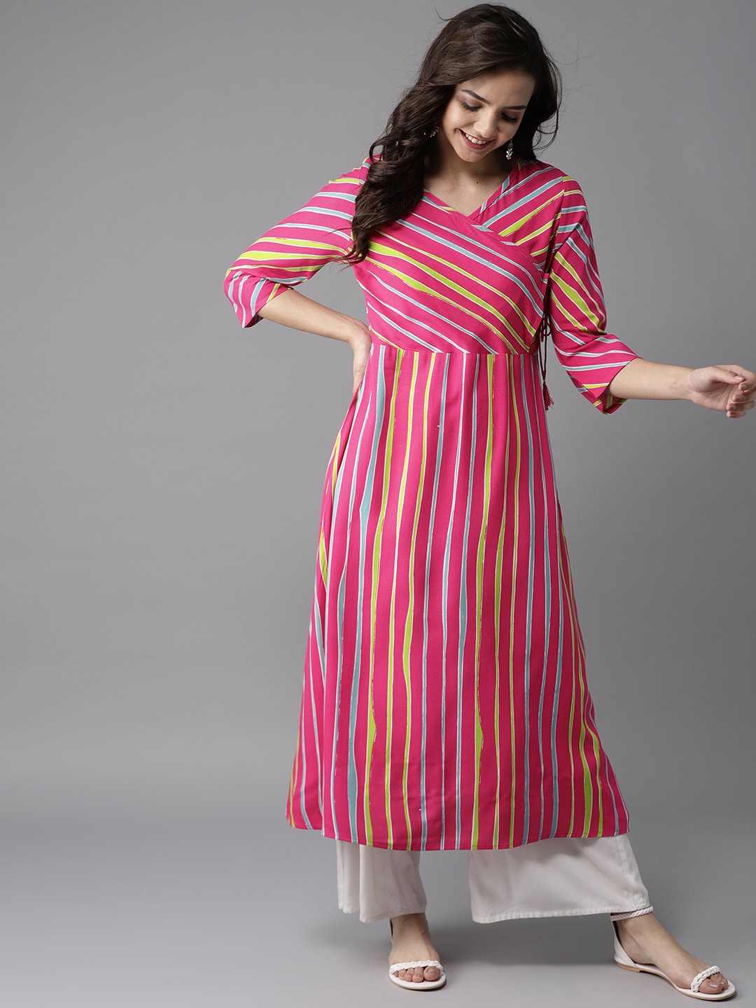 HERE&NOW Women Stripes & Tie-Up A-Line Viscose Kurta | Grocsy