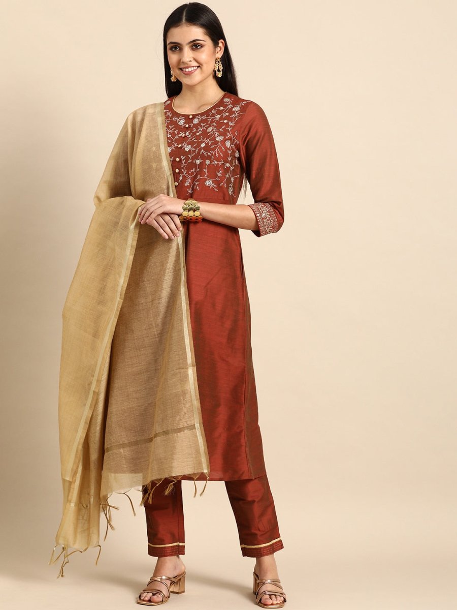 All About You Women Rust Embroidered Kurta with Trousers & Dupatta | Grocsy
