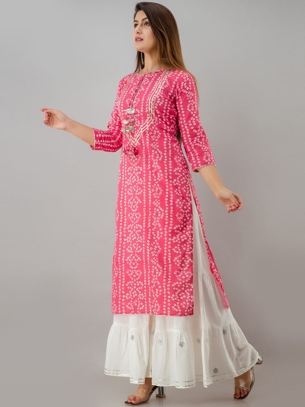 HERE&NOW Pink Bandhani Printed Gotta Patti Regular Kurta with Sharara | Grocsy