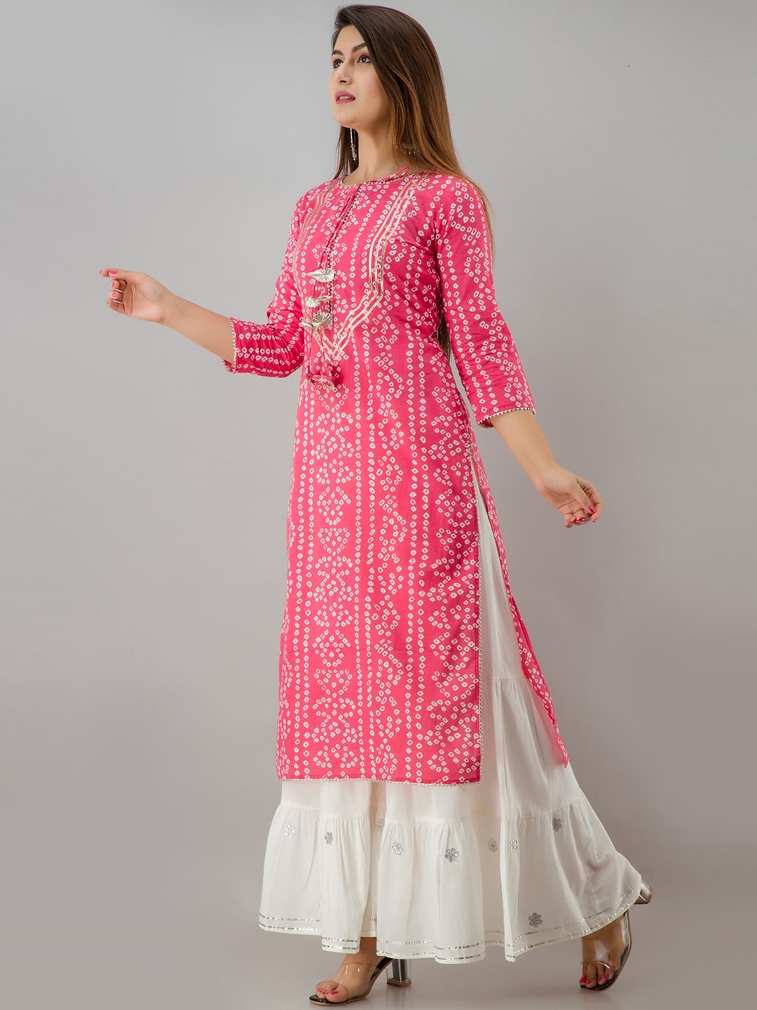 HERE&NOW Pink Bandhani Printed Gotta Patti Regular Kurta with Sharara | Grocsy