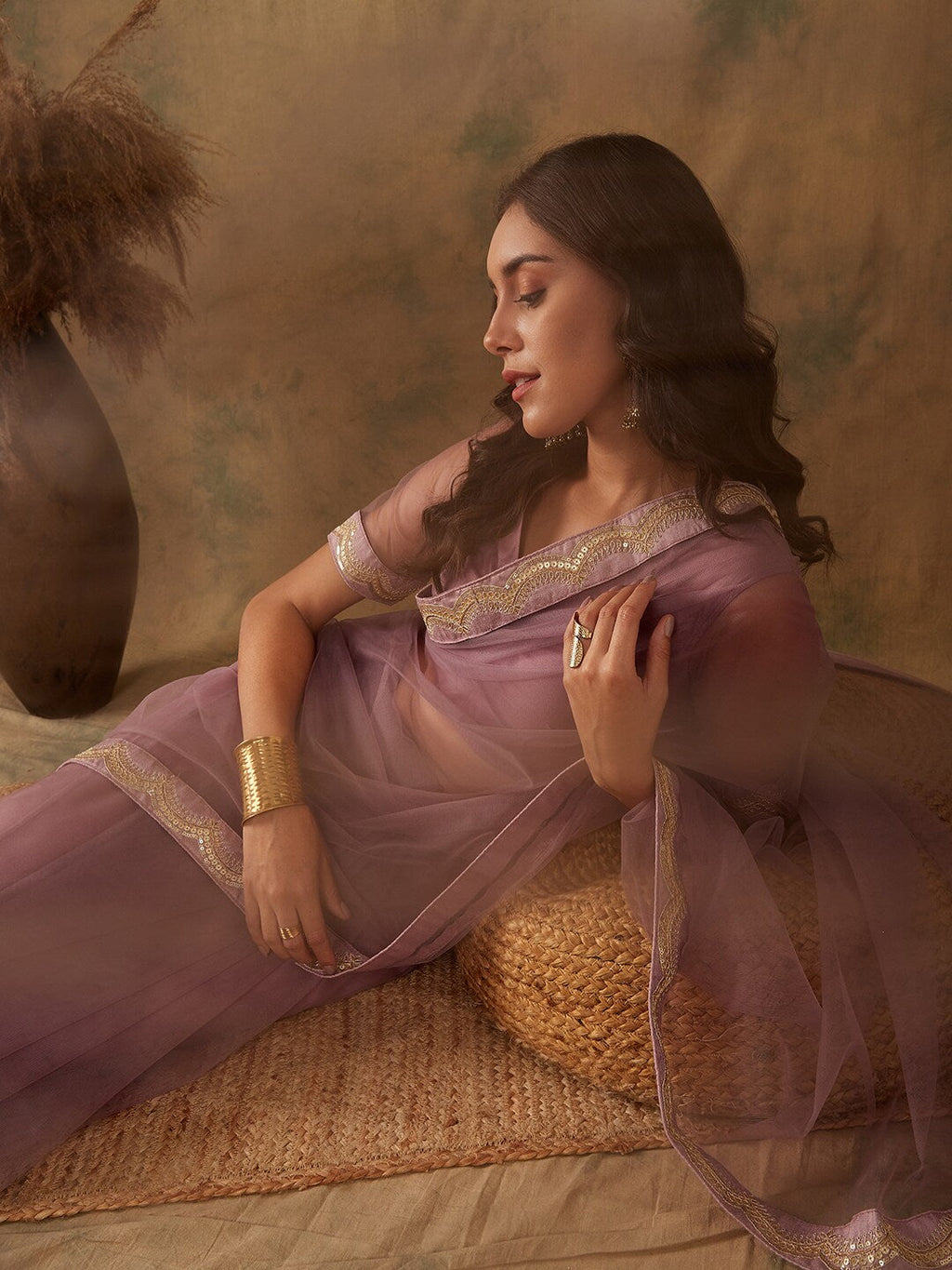 Sangria Mauve Zari Embroidered and Sequinned Net Saree | Grocsy