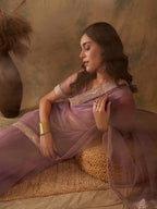 Sangria Mauve Zari Embroidered and Sequinned Net Saree | Grocsy