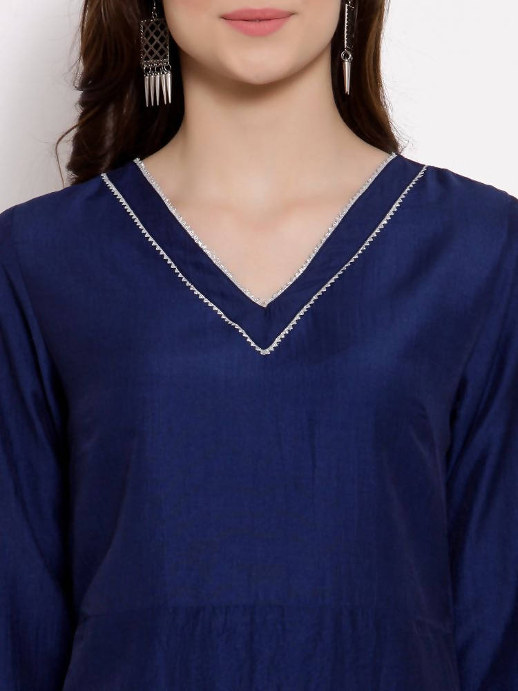 Myshka Women's Navy Blue Cotton 3/4 Sleeve V Neck Solid Casual Anarkali Kurta Dupatta Set | Grocsy