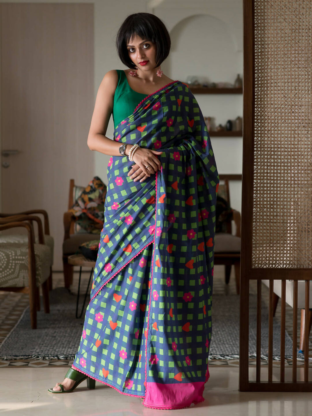 Suta Multi Color Checked Pure Cotton Saree | Grocsy