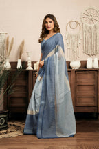 Joban Fashion Cream & Blue Striped Linen Ready To Wear Saree With Unstitched Blouse | Grocsy