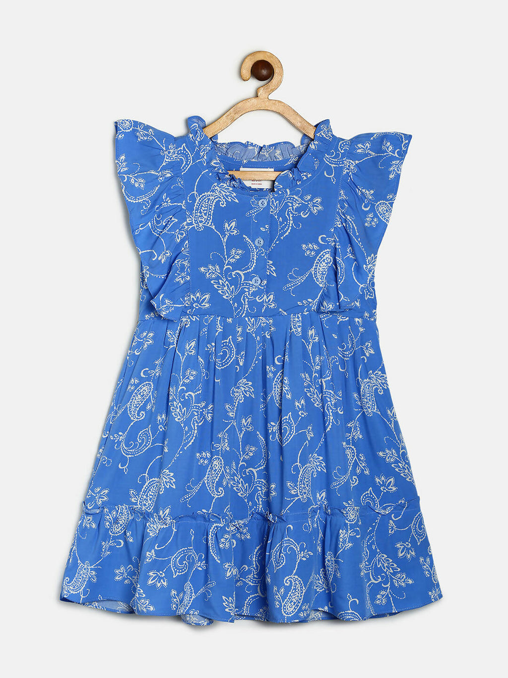 Manet Girls Cotton Frill Sleeve Frock Big Flower Print - Blue | Grocsy