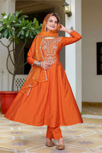 The52 Women's Beautiful Vichitra Fabric Embroidery Work Flared Anarkali Pant and Dupatta Set | Grocsy