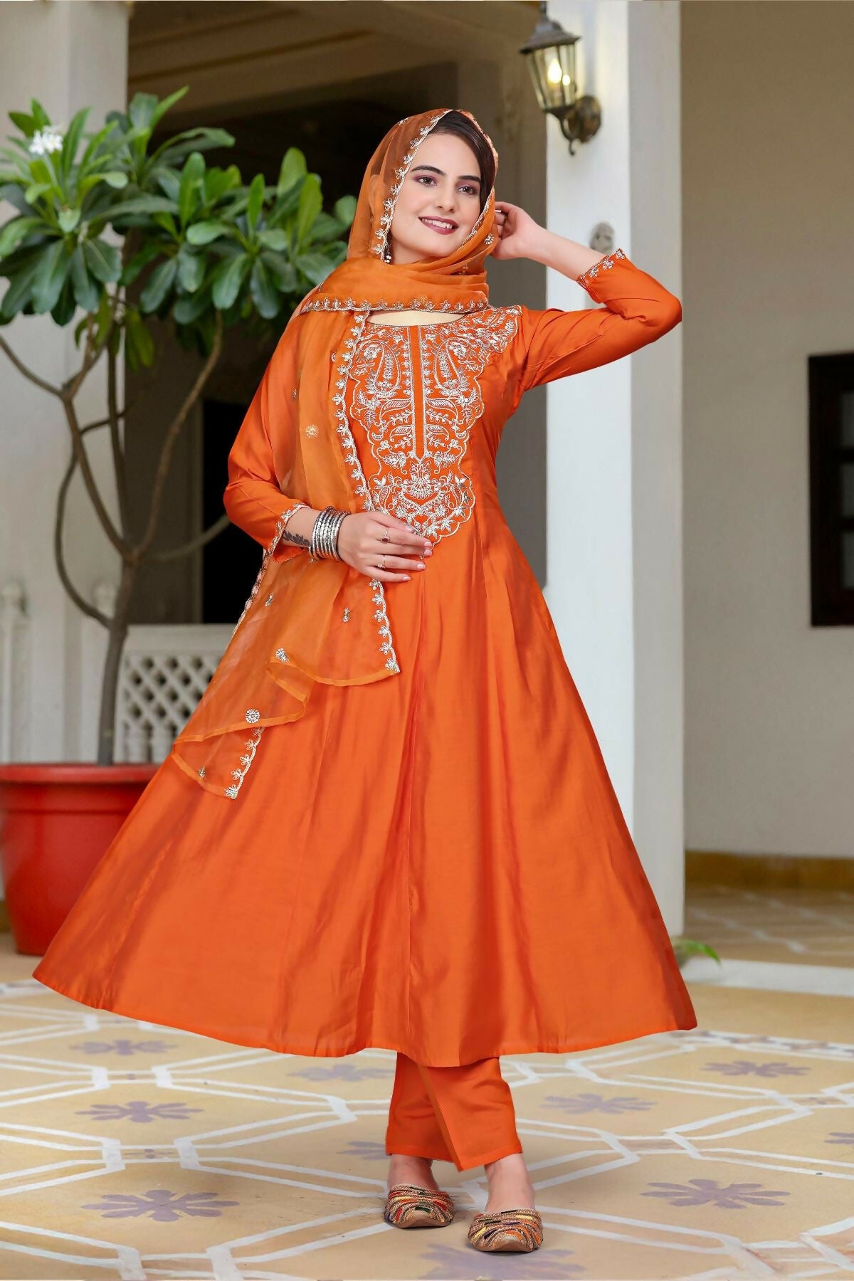 The52 Women's Beautiful Vichitra Fabric Embroidery Work Flared Anarkali Pant and Dupatta Set | Grocsy