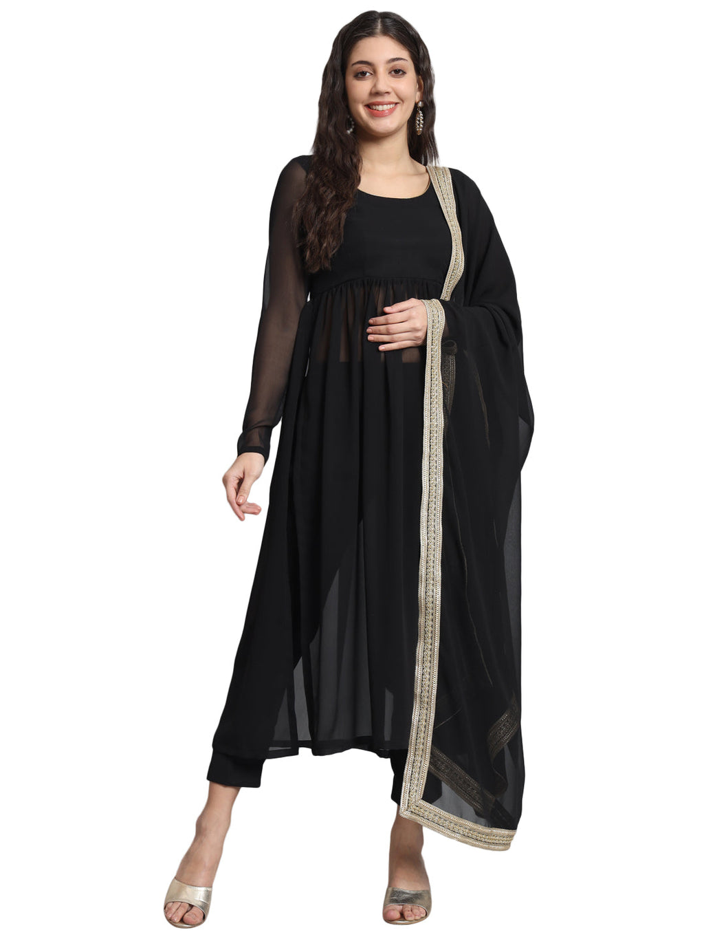 Fab Fashion Black Georgette Side Slit Set | Grocsy