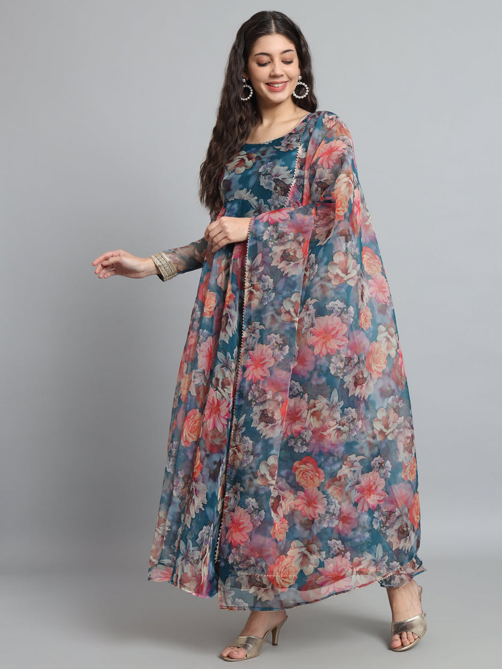 Fab Fashion Organza Floral Blue Gota Anarkali | Grocsy