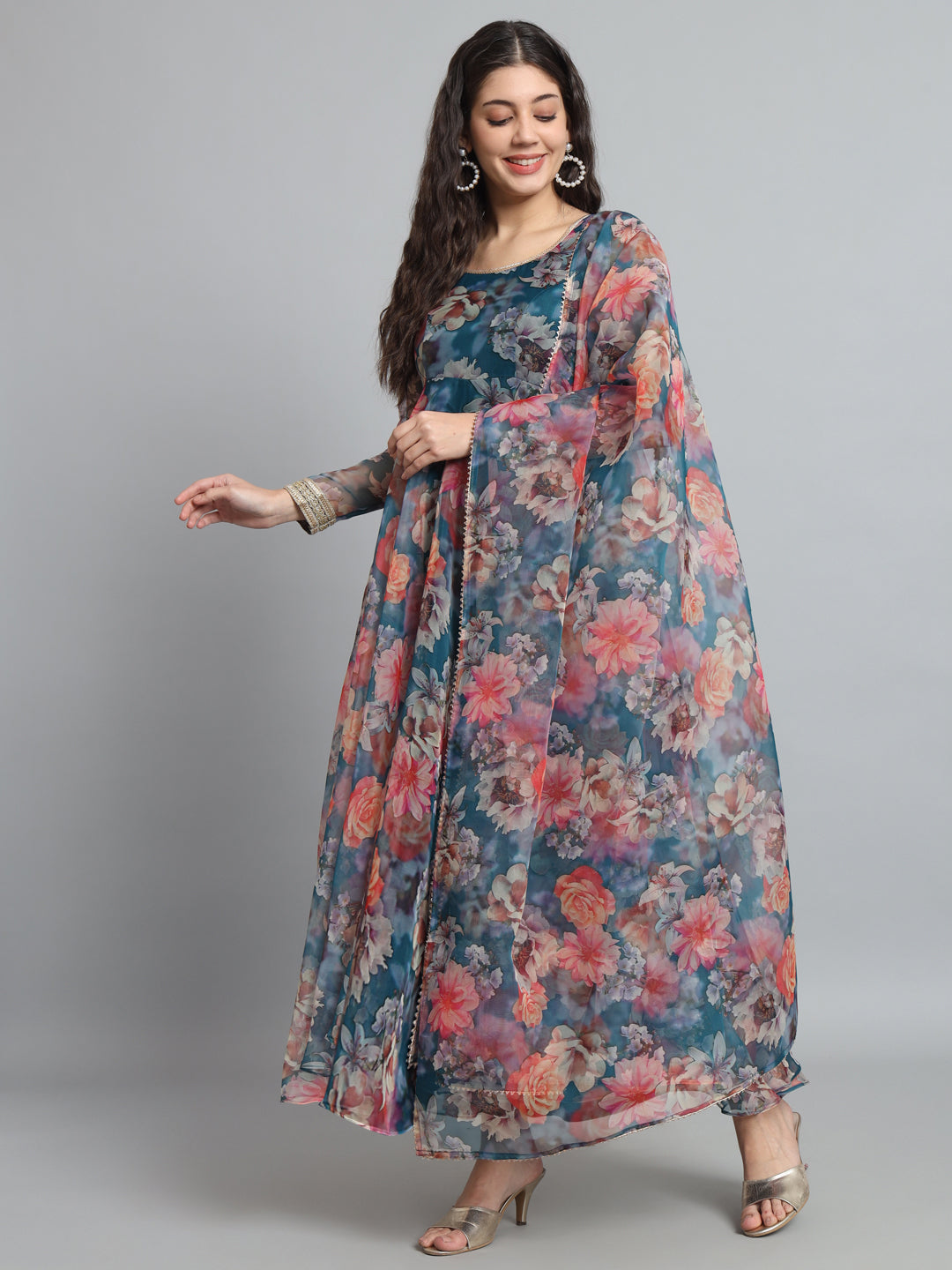 Fab Fashion Organza Floral Blue Gota Anarkali | Grocsy