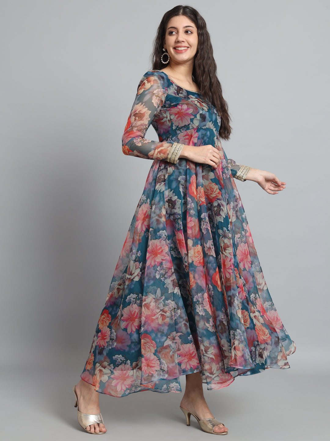 Fab Fashion Organza Floral Blue Gota Anarkali | Grocsy