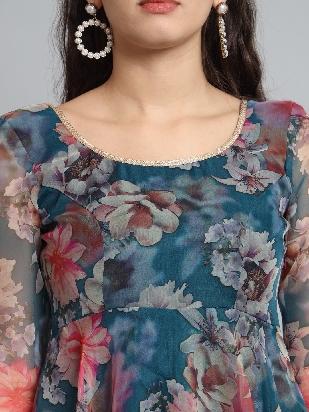 Fab Fashion Organza Floral Blue Gota Anarkali | Grocsy