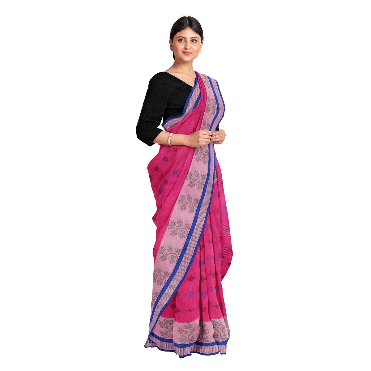 Exclusive Collection 100% Pure Cotton Magenta Tant Saree With Hand Weaving Work | Grocsy