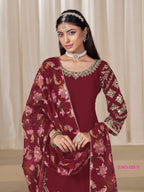 Anaita Blood-Red Premium Embroidered Roman Silk Salwar Suit | Grocsy